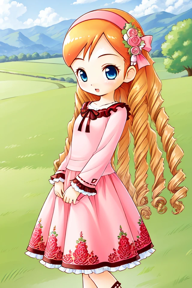 1 girl, outdoors, farm, farmland, barn, crops,
 <lora:Harvest_Moon_Hero_of_Leaf_Valley_-_Katie:0.6> holvkatie, orange hair, long hair, drill hair, curly hair, blue eyes,
pink hairband, hair flower, pink shirt, shirt over dress, pink dress, floral pattern, frills, long sleeves,