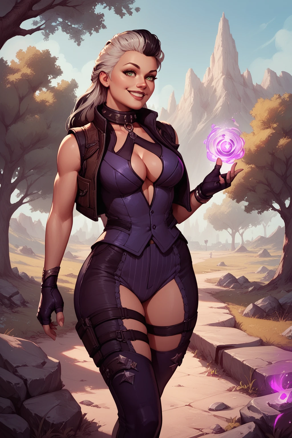 score_9, score_8_up, score_7_up, masterpiece, high quality
 <lora:Sindel MKPonyLoRA:0.8>Sndl, long hair, two-tone hair, vest, collar, top, clothing cutout, cleavage cutout, fingerless gloves, pants, thigh strap, thighhighs
in a park with trees, rocks, wasteland, smile, magic