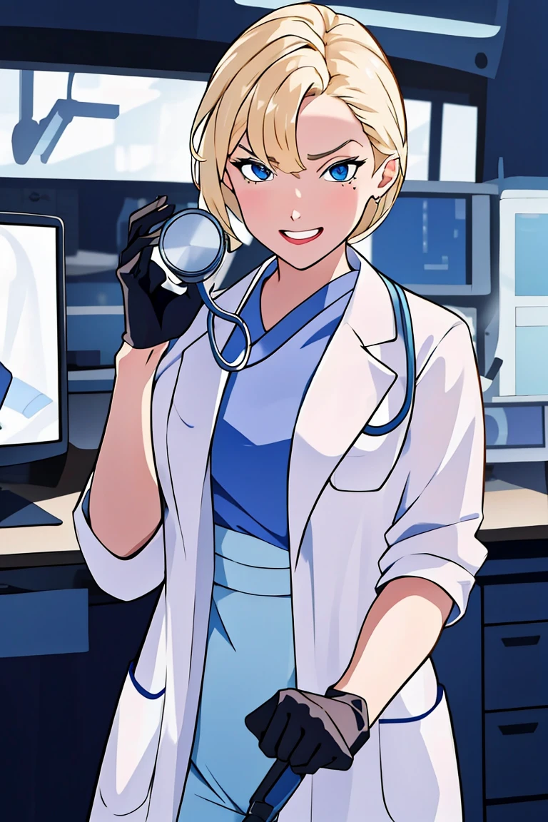 (RAW photo, best quality,facing the viewer,from front), operating room, overhead surgical light,blurred background, focused, dithering,backlighting,
 <lora:helga:0.8> helga 1girl,1girl,solo, blonde hair, makeup, blue eyes,
 <lora:Doctor_Modern_Uniform_V2.0:0.8> doctor_modern_uniform, 1girl, solo, looking at viewer, smile, pink_shirt, labcoat, blue_gloves, stethoscope, doctor,latex pants, brown_pants,