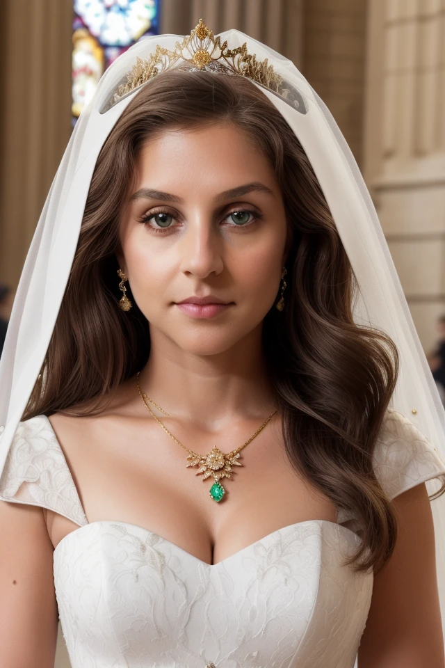 <lora:seema_shah:0.7> 1girl, (looking at viewer:1.1), close-up, young, bride, white wedding dress, big diamond tiara, veil, diamond embroidery, portrait, gold jewelry, diamond earrings, beautiful face, solo, realistic, long brown hair, pink pouty lips, portrait, jewelry, necklace, greenish brown eyes, perfect eyes, high resolution, ultra detailed, best quality, masterpiece, indoors, cathedral, church, soft lighting, perfect hair, soft shadows, closed mouth