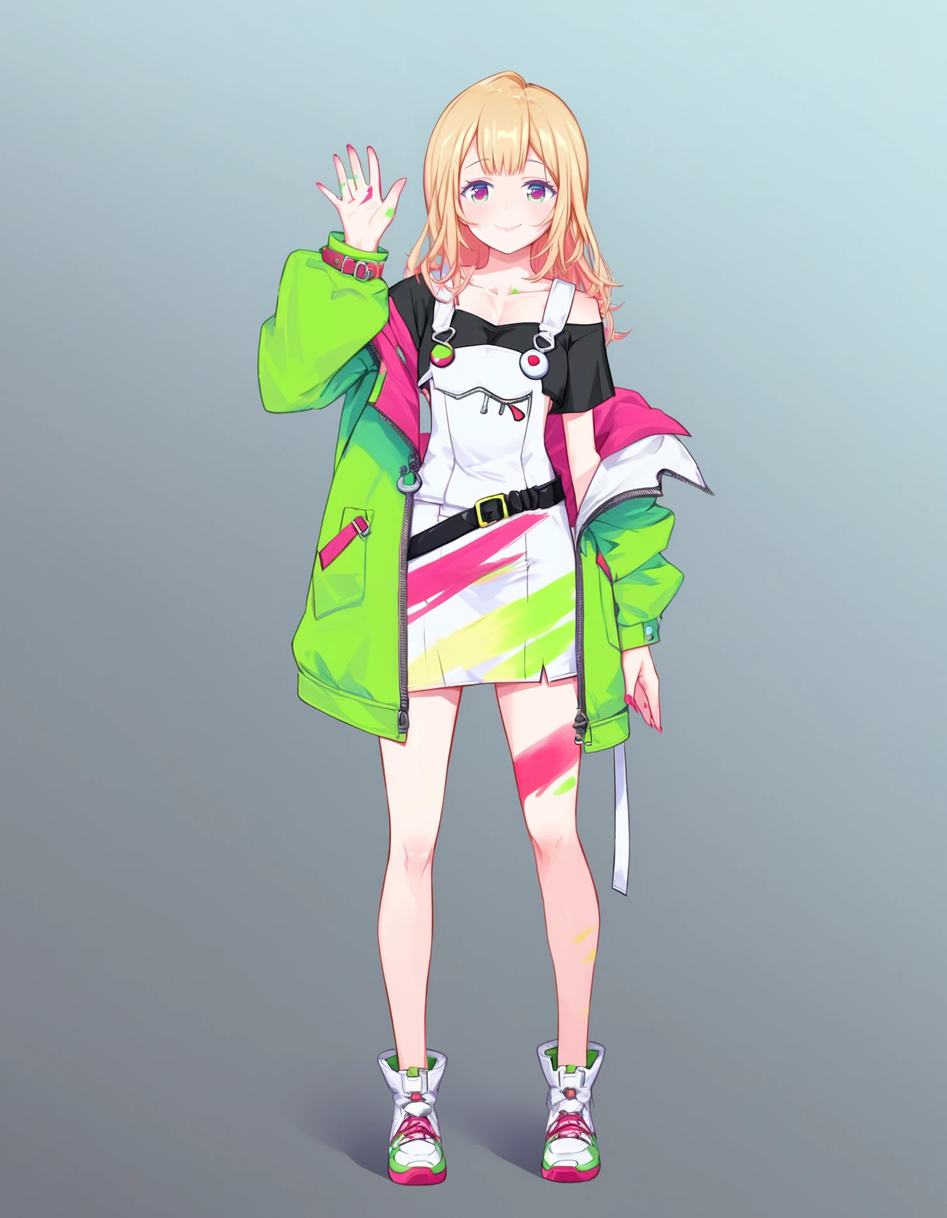 source_anime, score_9, score_8_up, score_7_up,
<lora:akirose_pony_v01a02ep17_resize32:1>
waving, arm up, smile,
akiGaming, belt buckle, black belt, black shirt, blonde hair, collarbone, nail polish, off-shoulder shirt, overall skirt, overalls, paint stains, pink laces, pink nails, shirt, shoes, skirt, sneakers, white footwear, white overalls, white skirt, side slit, zipper, zipper pull tab, green jacket,
1girl, solo, gradient background, full body, standing