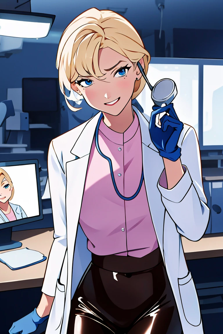 (RAW photo, best quality,facing the viewer,from front), operating room, overhead surgical light,blurred background, focused, dithering,backlighting,
 <lora:helga:0.8> helga 1girl,1girl,solo, blonde hair, makeup, blue eyes,
 <lora:Doctor_Modern_Uniform_V2.0:0.8> doctor_modern_uniform, 1girl, solo, looking at viewer, smile, pink_shirt, labcoat, blue_gloves, stethoscope, doctor,latex pants, brown_pants,