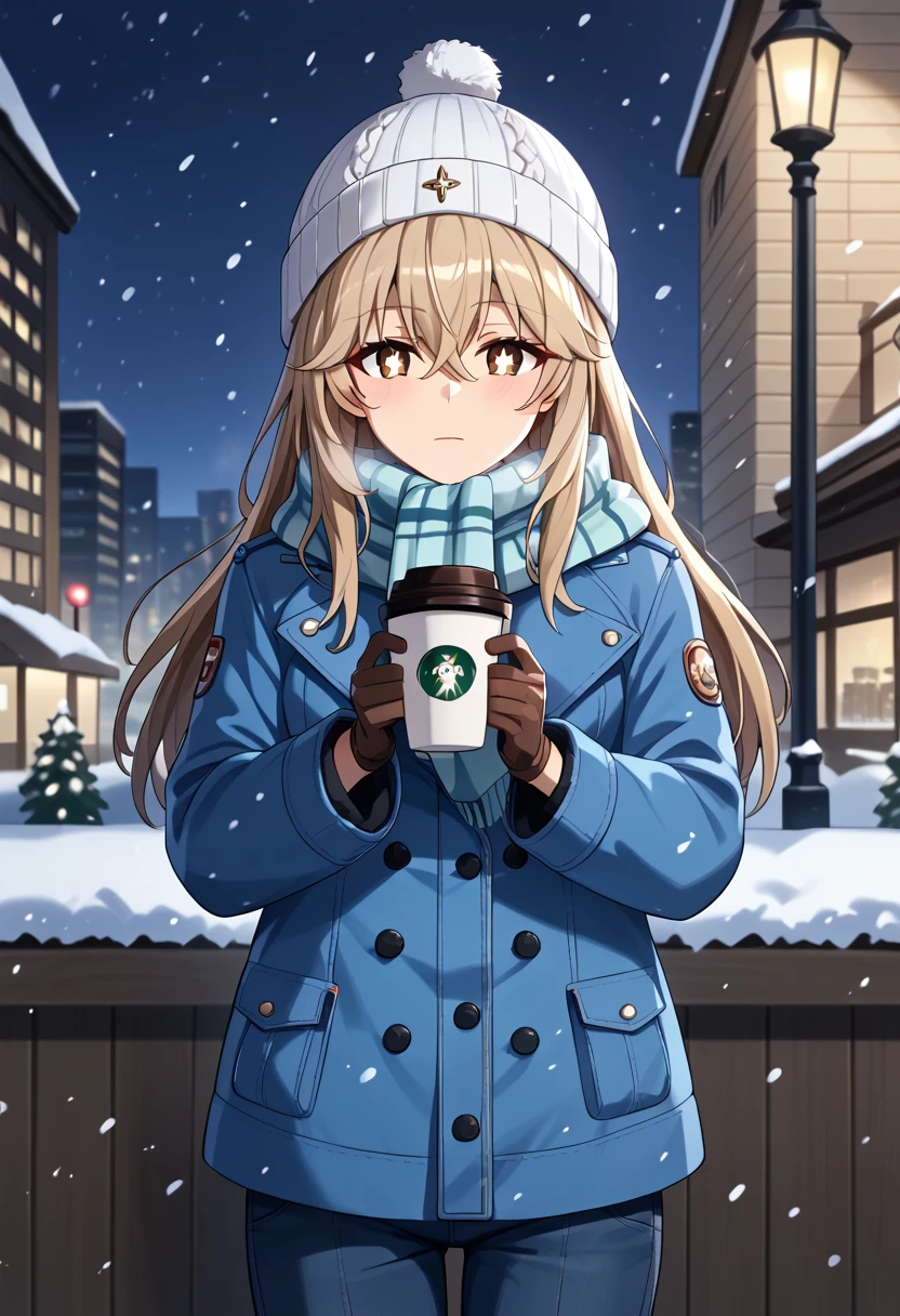 score_9, score_8_up, score_7_up, score_6_up,source_anime, BREAK,  shokuhou misaki, 1girl, blond hair, light brown eyes, sparkling eyes,  hair between eyes, long hair, winter clothes, beanie, scarf, winter coat, pants, gloves, holding, coffee cup, outdoors, night, snowing, skyline, <lora:ShokuhouMisaki-XL-V3-10-test:1>