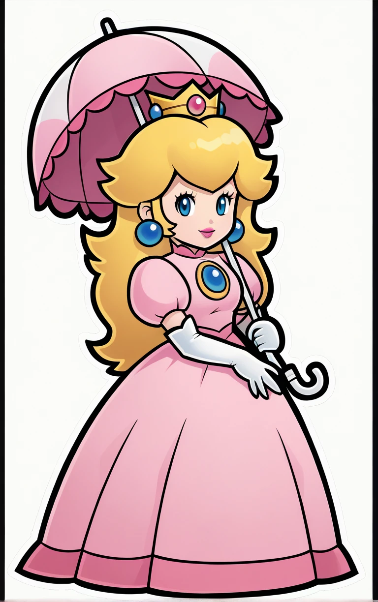score_9, score_8_up, score_7_up, looking at viewer, BREAK
Umbrella_PaperPeech_ownwaifu,
princess peach, 1girl, blonde hair, umbrella, pink dress, long hair, elbow gloves, crown, jewelry, earrings, parasol, lipstick, chibi, outline, gem, white gloves, long dress, puffy short sleeves, solid oval eyes
(contrapposto, hand on hip),
<lora:PONYXL_PaperPeech_ownwaifu:0.7>