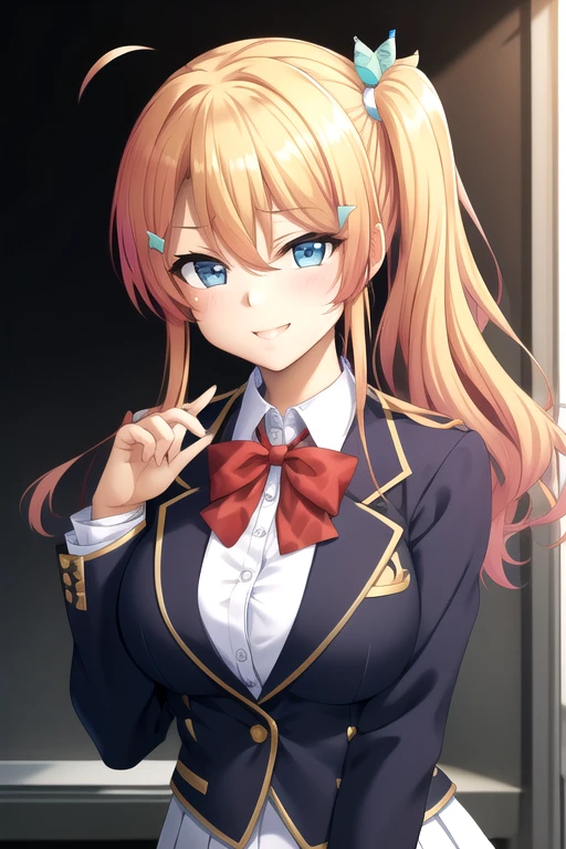 ((masterpiece)),(best quality),official art,extremely delicate and beautiful,extremely detailed CG,unity 8k wallpaper,ultra detailed,beautiful detailed eyes,extremely detailed face,outdoors,1girl,solo,upper body,(portrait:1.5),looking at viewer,facing viewer,smile,Futagawa Miharu,ahoge,long hair,blonde hair,multicolored hair,side ponytail,hair bow,hairclip,butterfly hair ornament,sidelocks,hair between eyes,bangs,blue eyes,school uniform,blue jacket,blazer,red bowtie,open clothes,white shirt,collared shirt,long sleeves,large breasts,skindentation,miniskirt,white skirt,pleated skirt,white socks,cross-laced footwear,boots,brown footwear,<lora:Futagawa Miharu(rk):0.8>,