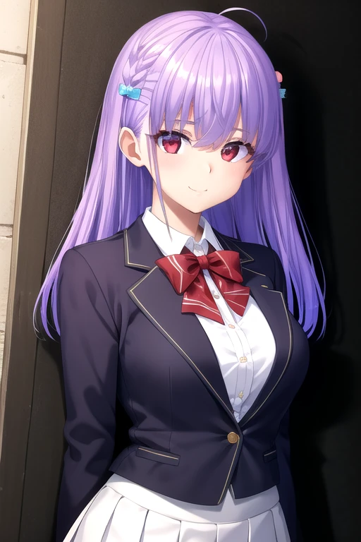 ((masterpiece)),(best quality),official art,extremely delicate and beautiful,extremely detailed CG,unity 8k wallpaper,ultra detailed,beautiful detailed eyes,extremely detailed face,outdoors,1girl,solo,upper body,(portrait:1.5),looking at viewer,facing viewer,smile,Sawami Inori,ahoge,long hair,purple hair,hair ornament,braid,hair between eyes,bangs,red eyes,school uniform,blue jacket,blazer,red bowtie,white shirt,collared shirt,long sleeves,large breasts,skindentation,miniskirt,white skirt,pleated skirt,zettai ryouiki,white thighhighs,loafers,black footwear,<lora:Sawami Inori(rk):0.8>,