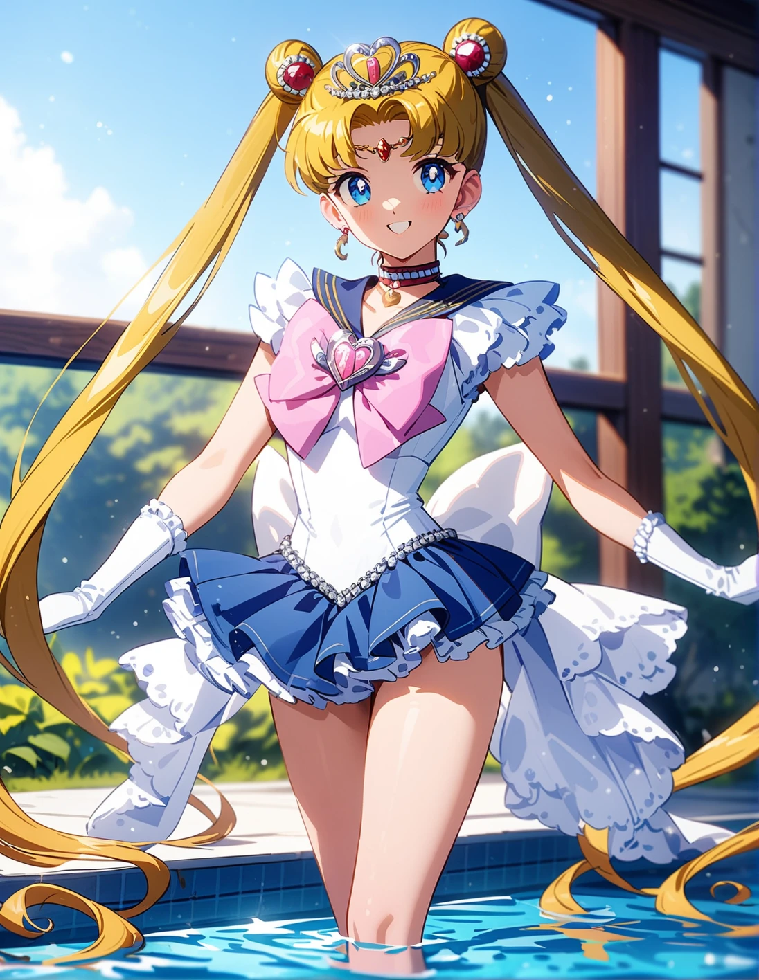 1girl, solo, <lora:sdxl-lyco-princess-sailormoon-animagine_xl_3_1-v1-apple:1>, princesssailormoon, double bun, twintails, circlet, earrings, frill, choker, tiara, bow, white leotard,gloves, miniskirt, standing ,smile, best quality, very aesthetic, ultra-detailed, intricate details, 4k,, newest, (retro:-1.0) ,(1990s:-1.0), BREAK in a pool