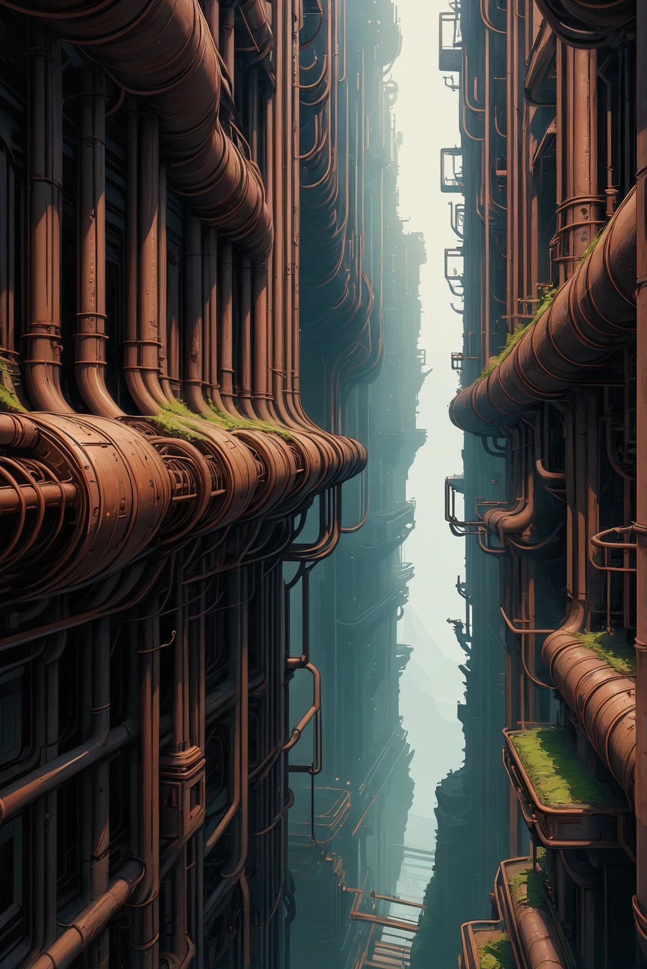 finely detailed scifi digital painting, pipe maze in a abandoned fantasy vertical topia beyond the beginning of time, masterpiece<lora:EnvyStarlightScifiDigitalPainting02:1.25>