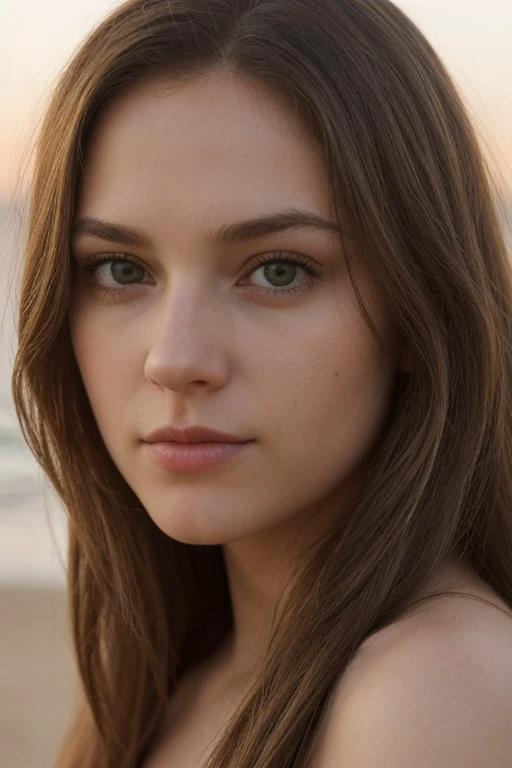 (hazel-green eyes), detailed eyes, (detailed face), ((long hair)) , (portrait), (head tilt up), (((Call of Beauty, marvellous art, wonderful colours))) ((beach, sunset, natural lighting)), ((splendid scene)) (((face portrait))) (((realistic))) , (masterpiece, best quality), intricate details, realistic, photorealistic, flawless structure, masterpiece, (portrait), natural skin, (long hair), oiled skin, subsurface scattering, shot with cinematic camera, soft lighting, high quality, best quality, masterpiece, best picture, lovely, stunning
