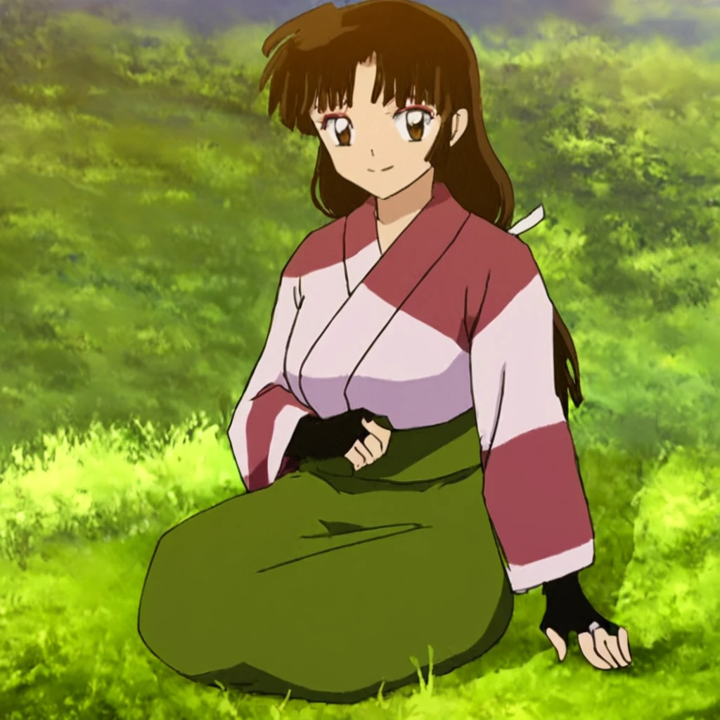 <lora:SangoV2:1> Sango, 1girl, solo, closed mouth, smile, blush, brown eyes, brown hair, black hair, long hair, low-tied long hair, makeup, bangs, japanese clothes, kimono, green skirt, skirt, fingerless gloves, gloves, sitting down, outdoors, grass, looking at viewer, anime coloring, retro artstyle, 1990s (style)