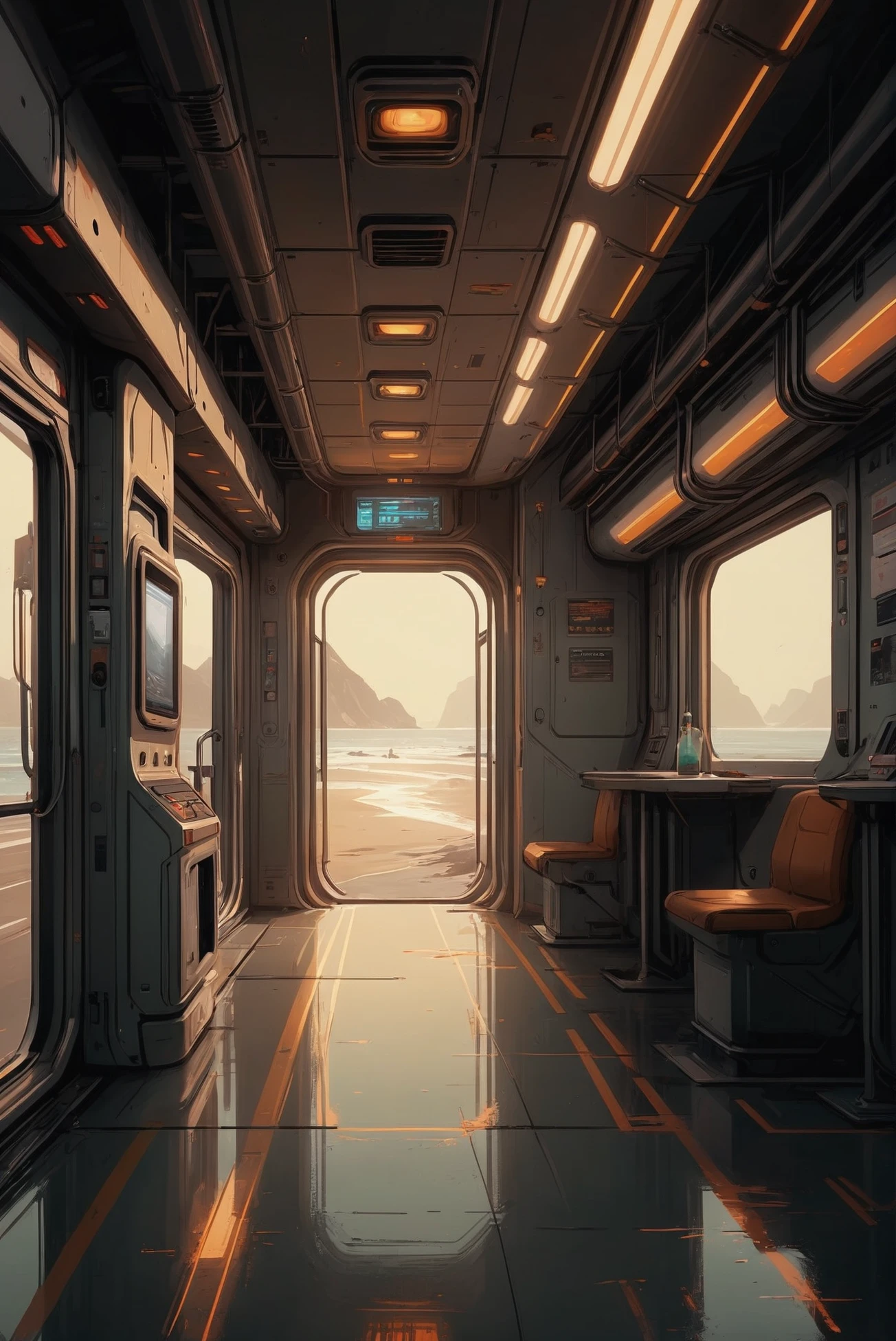 finely detailed scifi digital painting, well-lit interior, in a Drab coastal highway<lora:EnvyStarlightScifiDigitalPainting02:1.25>