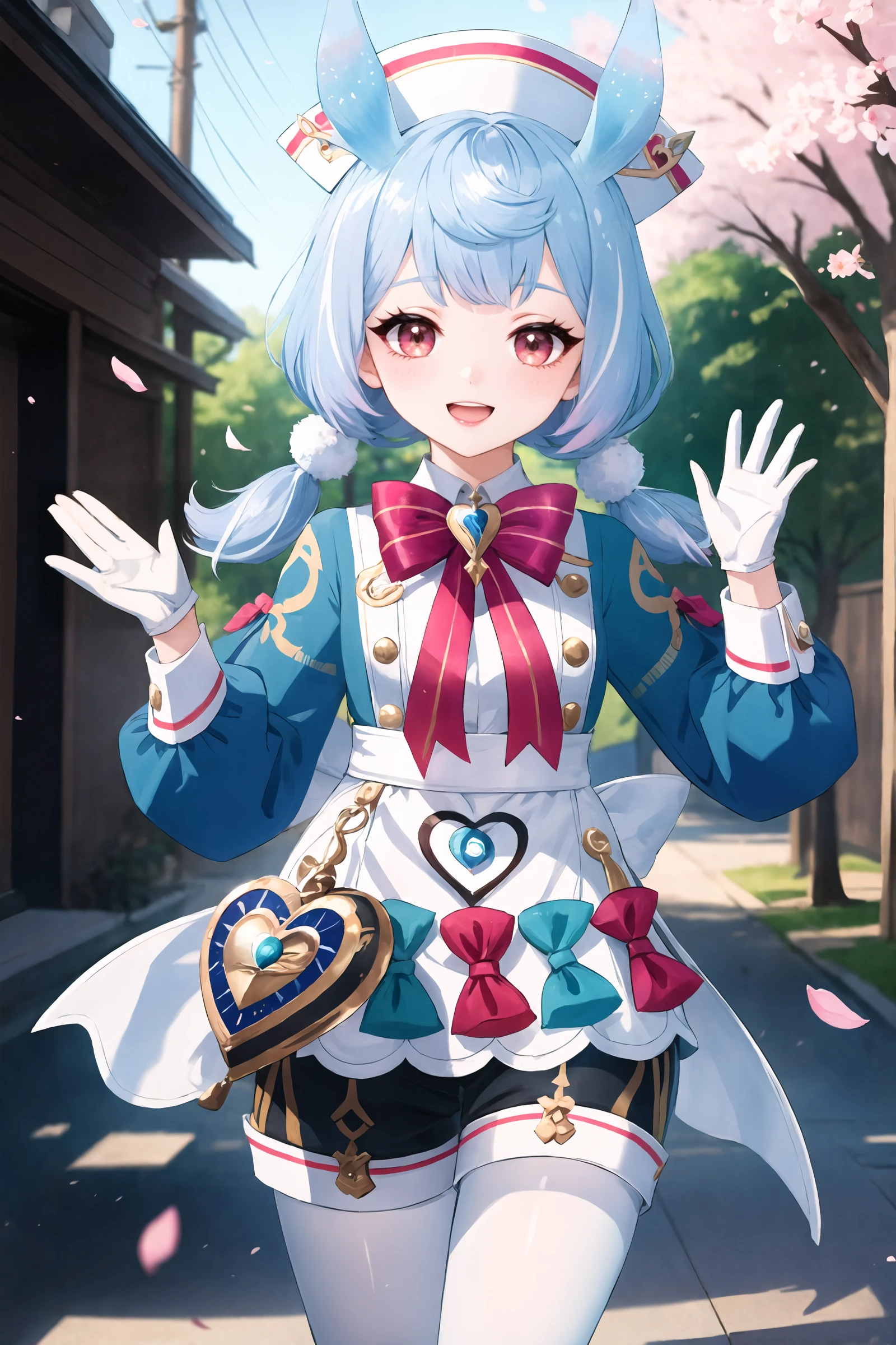 1girl, sigewinne \(genshin impact\), solo, low twintails, animal ears, white gloves, red bowtie, nurse cap, aqua dress, white apron, heart-shaped bag, black shorts, white pantyhose, standing, cowboy shot, smile, open mouth, looking at viewer, waving, outdoors, street, cherry blossoms, petals, depth of field