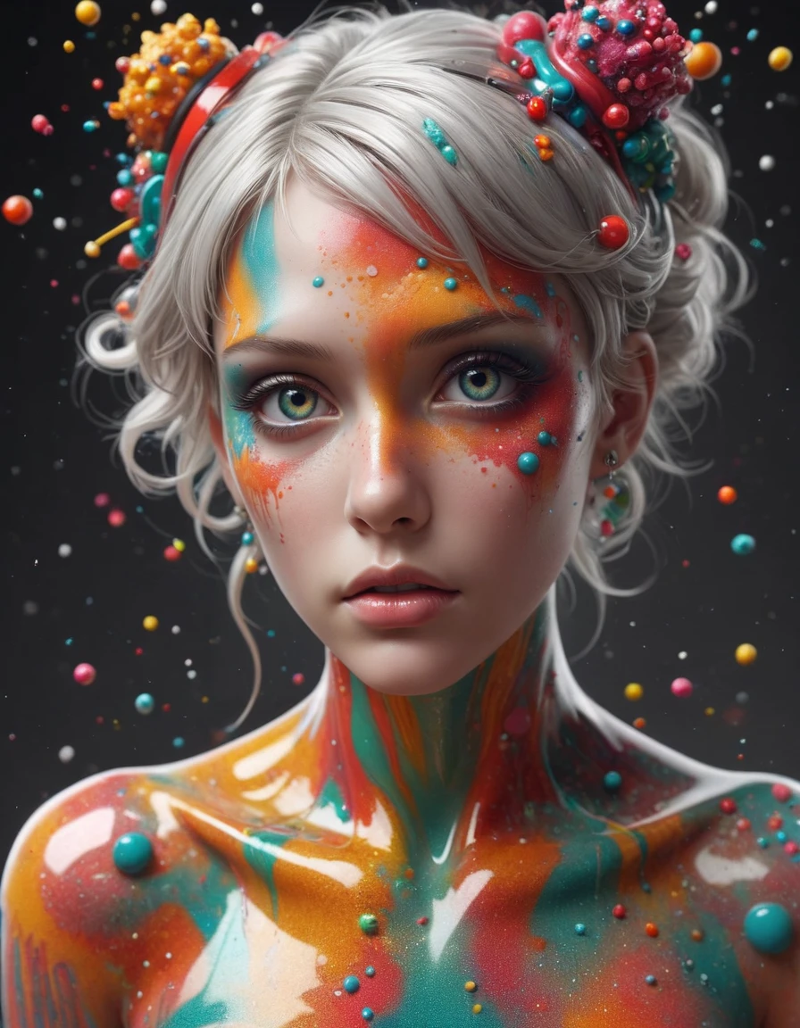 trending on CGSociety, "I'm addicted to you, don't you know that you're toxic?", wearing Festive ral-clrflspr, Colorless and Vivid flakes, <lora:ral-clrflspr:0.7>, excellent composition, very inspirational, surreal, deep aesthetic, dynamic background