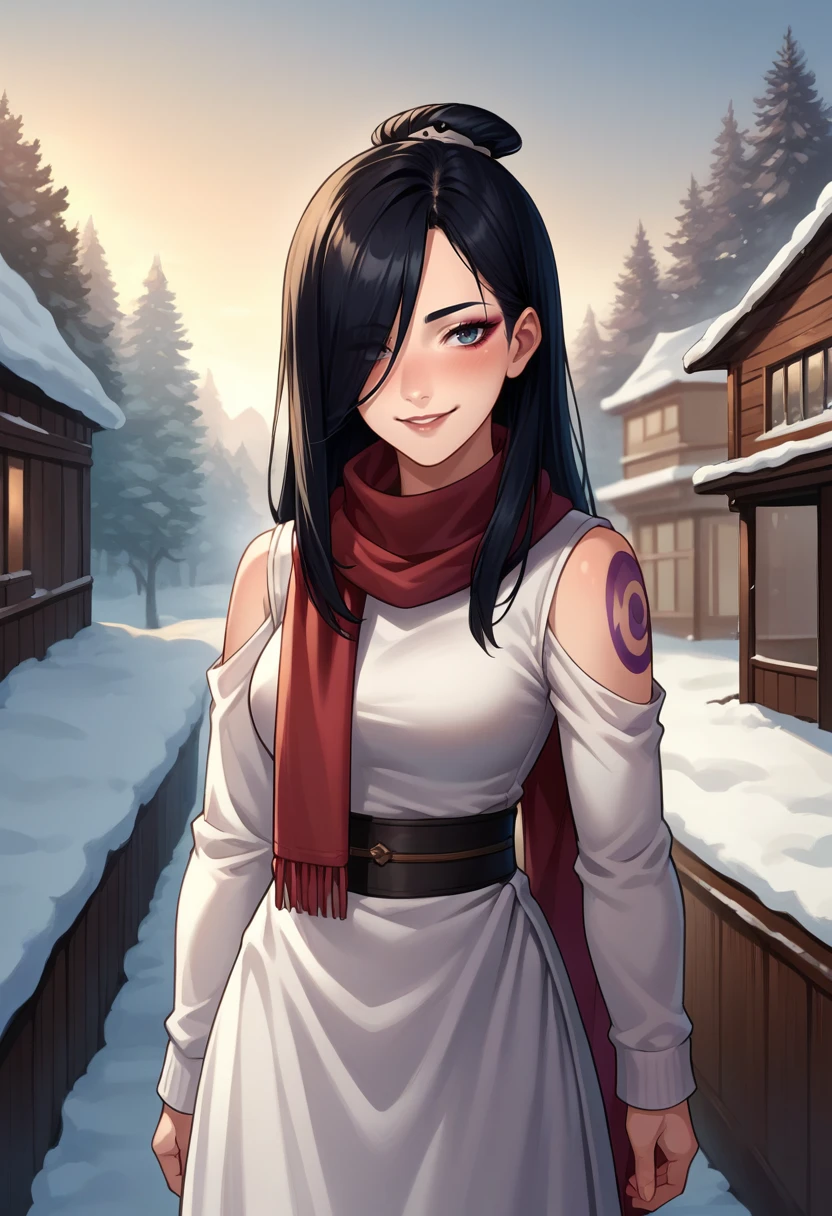 score_9, score_8_up, source_anime, 1girl, solo, JuneAvatar, makeup, shoulder tattoo, black hair, hair over one eye, long hair, topknot, turtleneck sweater, long skirt, outdoors, scarf, winter, smile, blush, shoulder cutout, <lora:ChamJunePonyXL:1>