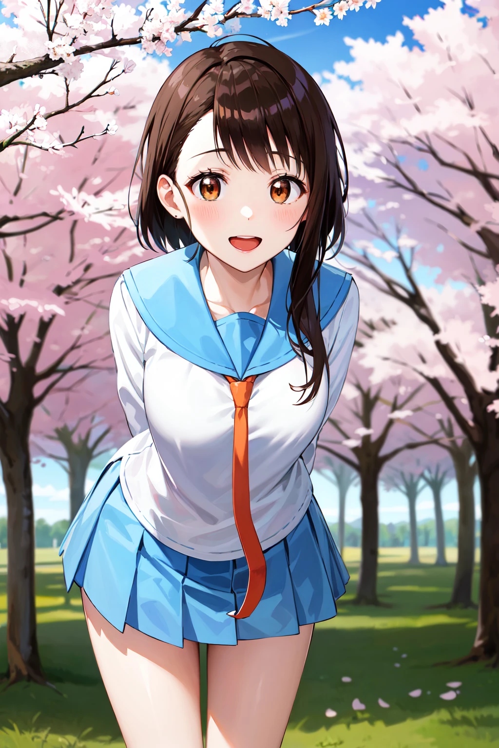 masterpiece, best quality, highres, aakosaki, brown hair, sidelocks, school uniform, blue sailor collar, orange necktie, white shirt, long sleeves, pleated skirt, blue skirt, <lora:onodera_kosaki_v2:0.7>, arms behind back, leaning forward, standing, cowboy shot, smile, open mouth, outdoors, cherry blossoms,