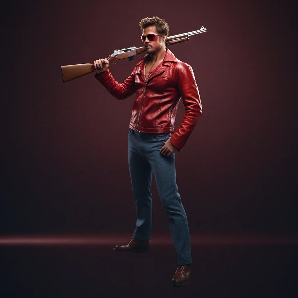 cinematic photo tyler durden, facial hair, red jacket, sunglasses, cigaret, holds a rifle on his shoulder<lora:TylerDurden1024:0.8> . 35mm photograph, film, bokeh, professional, 4k, highly detailed