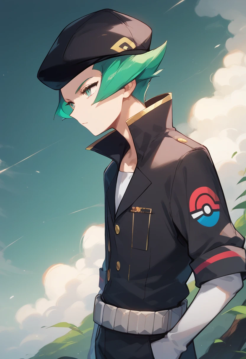 score_9, score_8_up, score_7_up, masterpiece, best quality, amazing quality, best aesthetic, absurdres, intricate details, proton_pokemon, green hair, green eyes, black hat, black jacket, black pants, white gloves, white boots, white belt,score_6_up<lora:EMS-382835-EMS:1.000000>