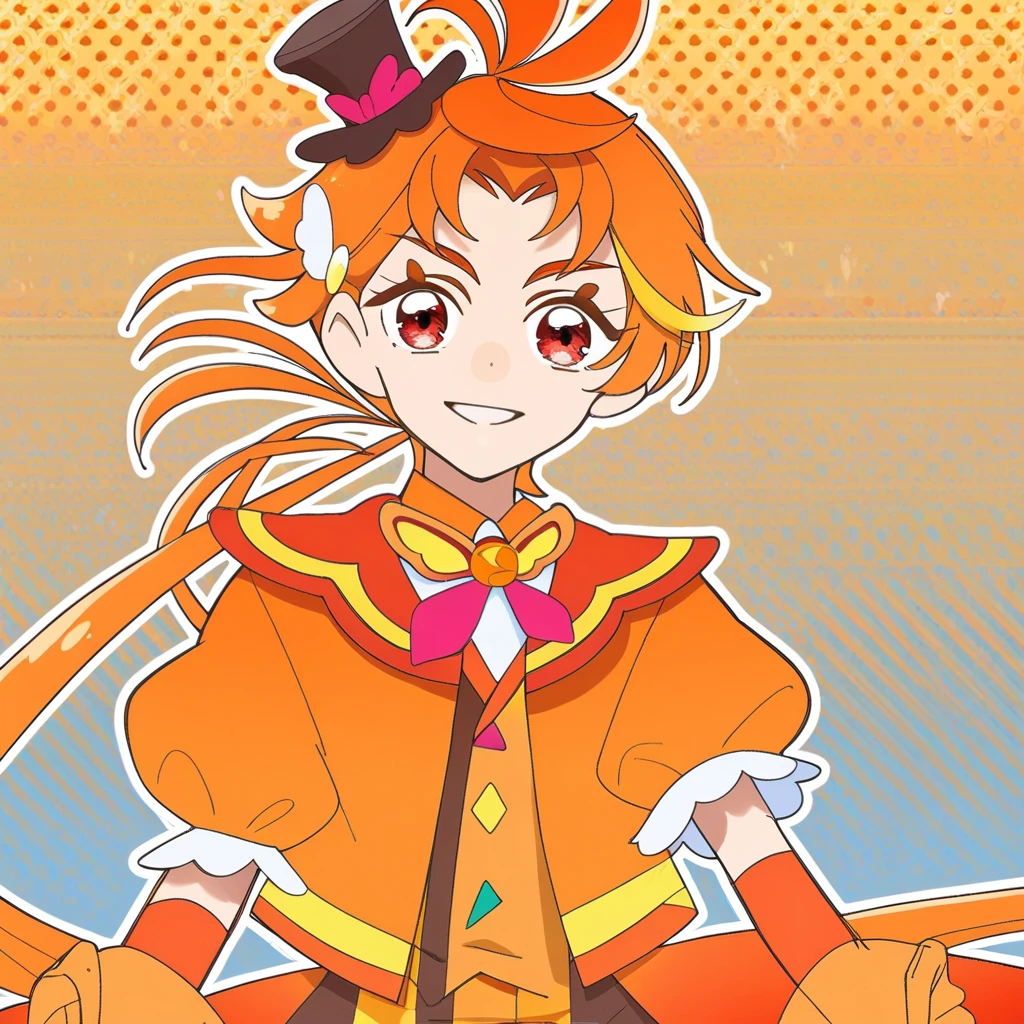 Score_9, Cure Wing, human, 1boy, male focus, solo, orange hair, red eyes, ponytail, long hair, short sleeves, puffy sleeves, hair ornament, mini top hat, black headwear, orange shorts, smile, parted lips, gloves, orange gloves