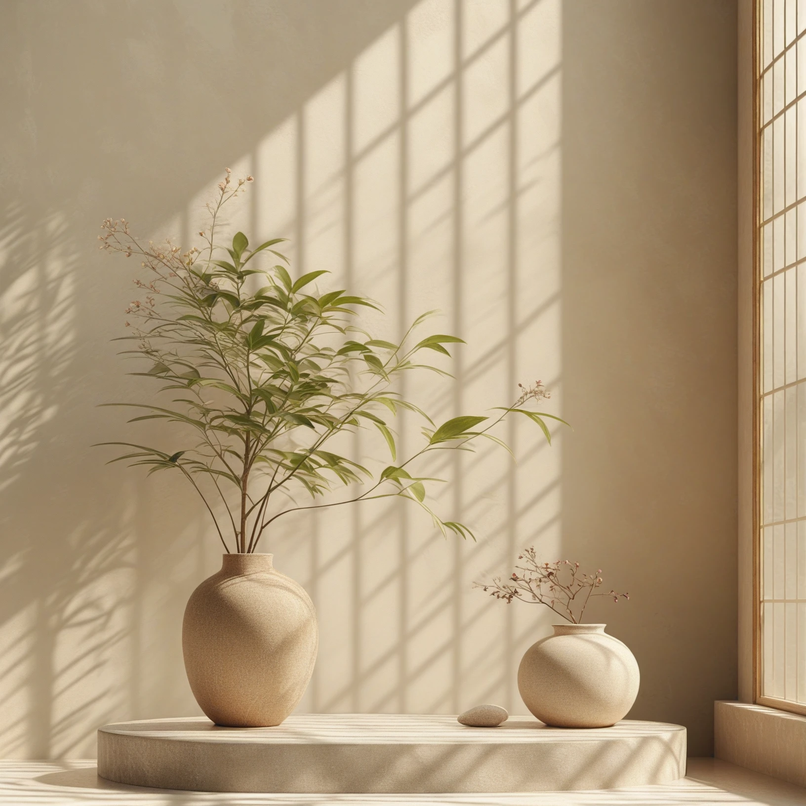 no humans, plant, vase, scenery, still life, tree, potted plant, sunlight, indoors, window, flower pot,<lora:dianshangzhantaiXL:1>,