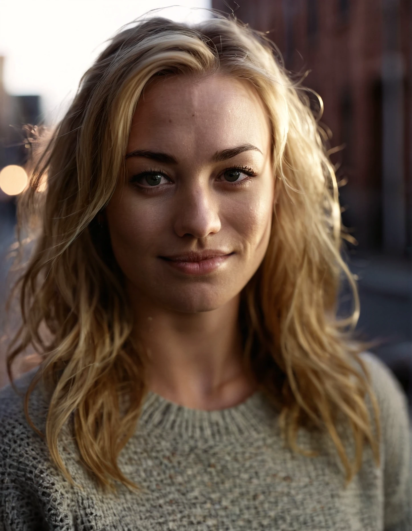 highest resolution upper body shot raw dslr photo of yvstr woman,wearing sweater,analog film photo,film,grainy,blonde long hair in loose waves,realistic skin texture,pores,skin imperfection,dimly lit,gloomy,dark,cinematic,bokeh,depth of field,masterpiece,volumetric lighting,cinematic,surreal dramatic shadow,smile,street background