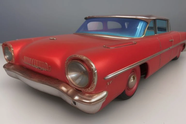 (photorealistic, 4k, 8k, uhd), a tintoycar, manufactured sixty years ago, <lora:Tin_Toy_Cars:0.8>, american luxury car, very simple, contures are lithographic prints, scratches, dents, heavily used, chipped paint, faded plastic lights, background is a swap meet<lora:loraAnalogOrdinary_loraFile:1>