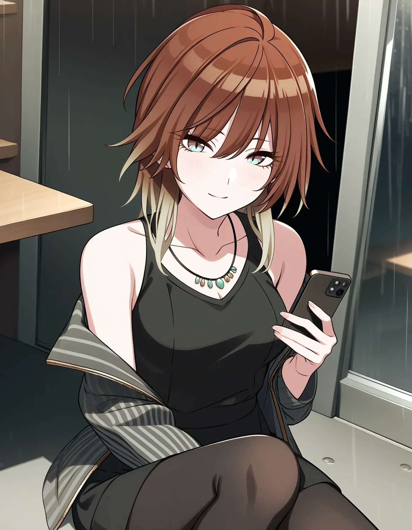 m_aketa, 1girl, solo, sitting, smile, blush, multicolored hair, gradient hair, blonde hair, brown hair, medium hair, gradient eyes
necklace, jewelry, cellphone, black footwear, looking at viewer, black pantyhose, collarbone, rain, skirt, jacket, off shoulder, indoors, sleeveless, holding phone, smartphone, sleeveless shirt, shirt, breasts, striped jacket
masterpiece, best quality, very aesthetic, absurdres
<lora:a31_m_aketaXL:1>