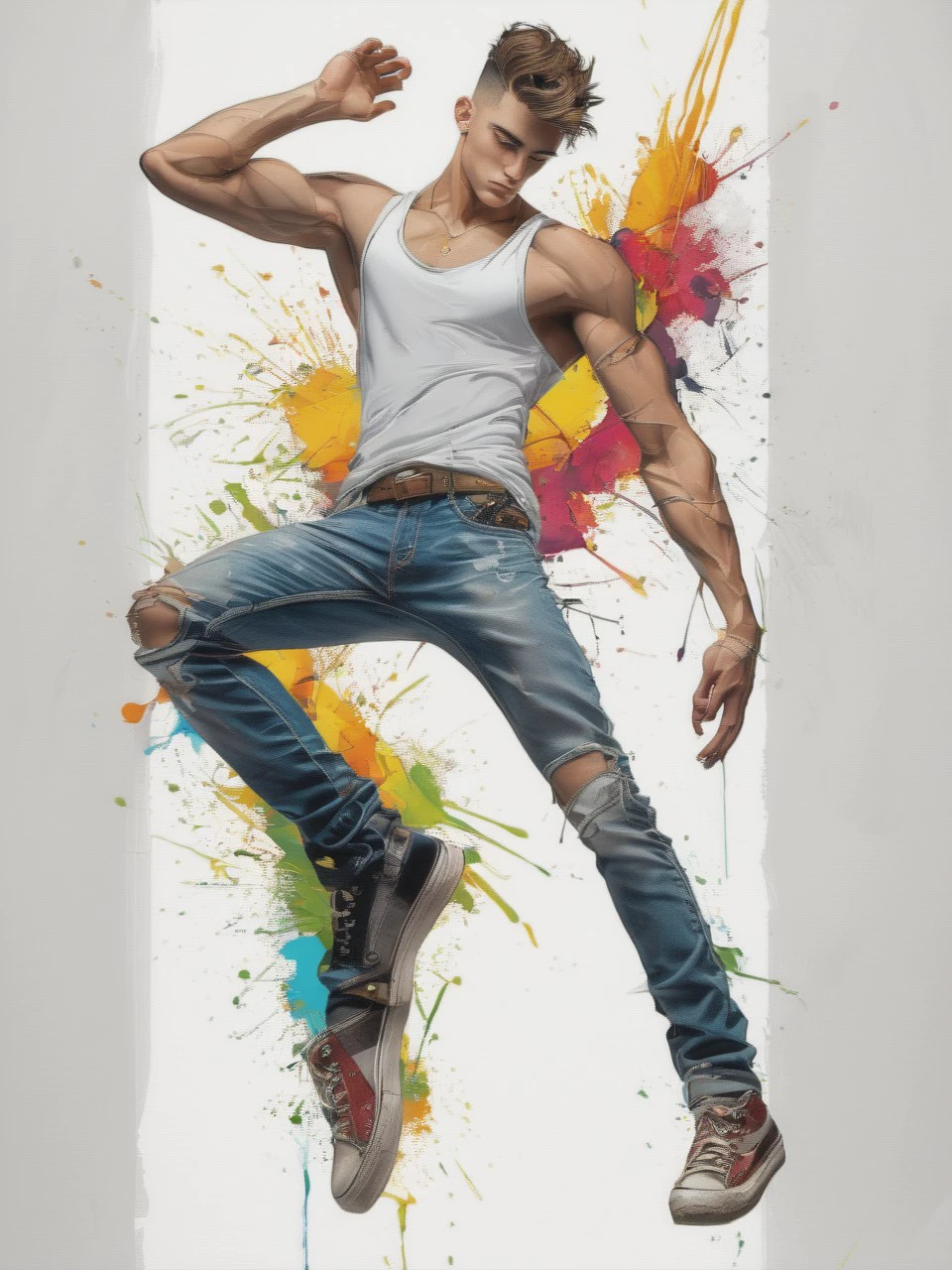 masterpiece, intricately detailed, best quality, absurd resolution, a handsome young man, 18yo, full body, white tank, jeans, colorful background
 <lora:artfullyXLDANCE_SDXL_V:1.0>, artxldnc