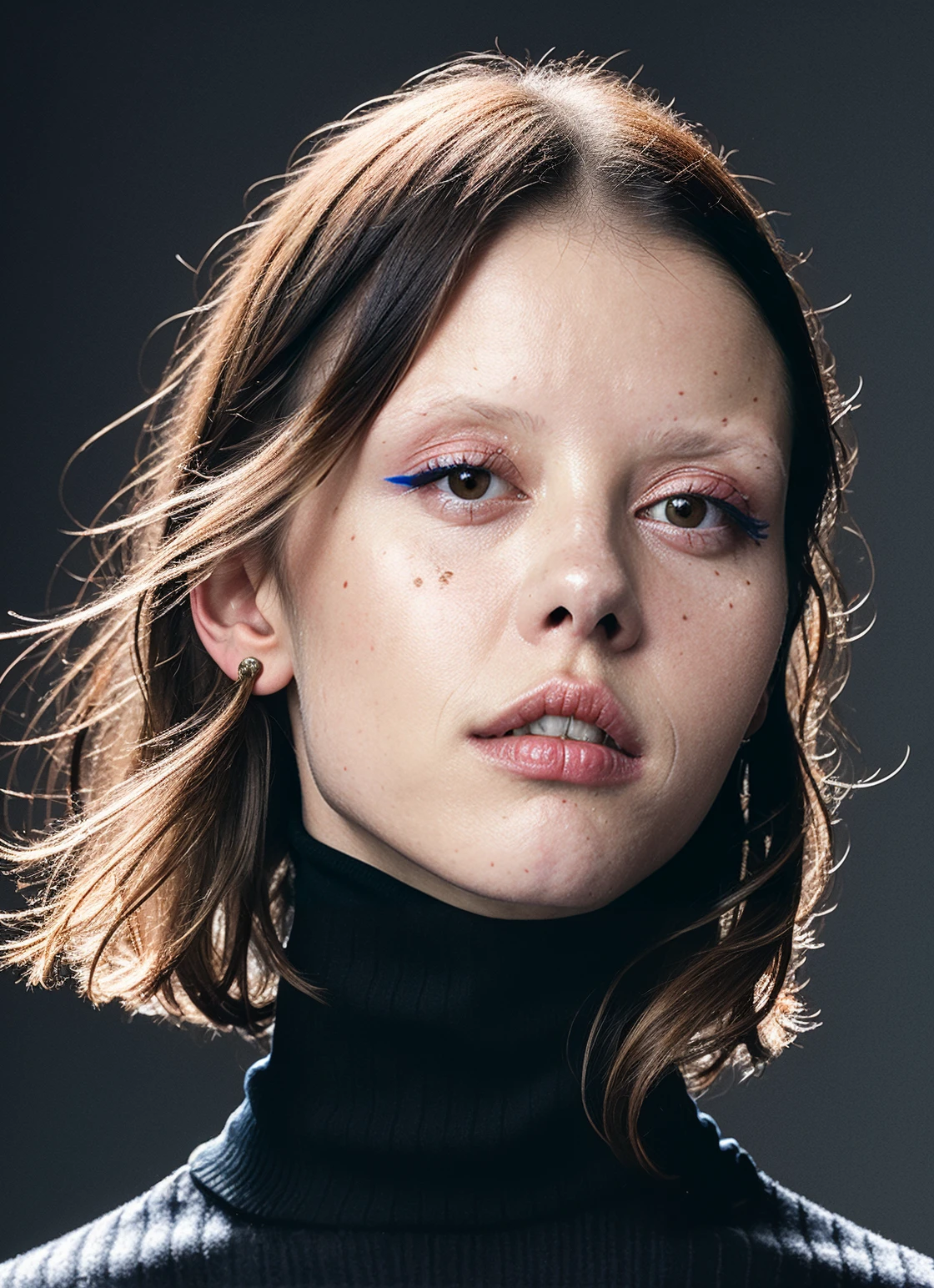 A stunning intricate full color portrait of (sks woman:1), wearing a black turtleneck, epic character composition, by ilya kuvshinov, alessio albi, nina masic, sharp focus, natural lighting, subsurface scattering, f2, 35mm, film grain,
Smirk, machine face, fine details, realistic shaded, intricate, elegant,
intricate portrait photo of beautiful sks woman, cn ink, blue background, eyeshadow <lora:cn_ink:0.25>
<lora:locon_perfecteyes_v1_from_v1_64_32:0.2> perfecteyes,
(metart), best quality, ultra high res, 8K, raw,
(highly detailed skin, fully sharp: 1.2),, <lora:locon_miagoth_v1_from_v1_64_32:0.7> <lora:lora-small-mia-goth-v1:0.65>