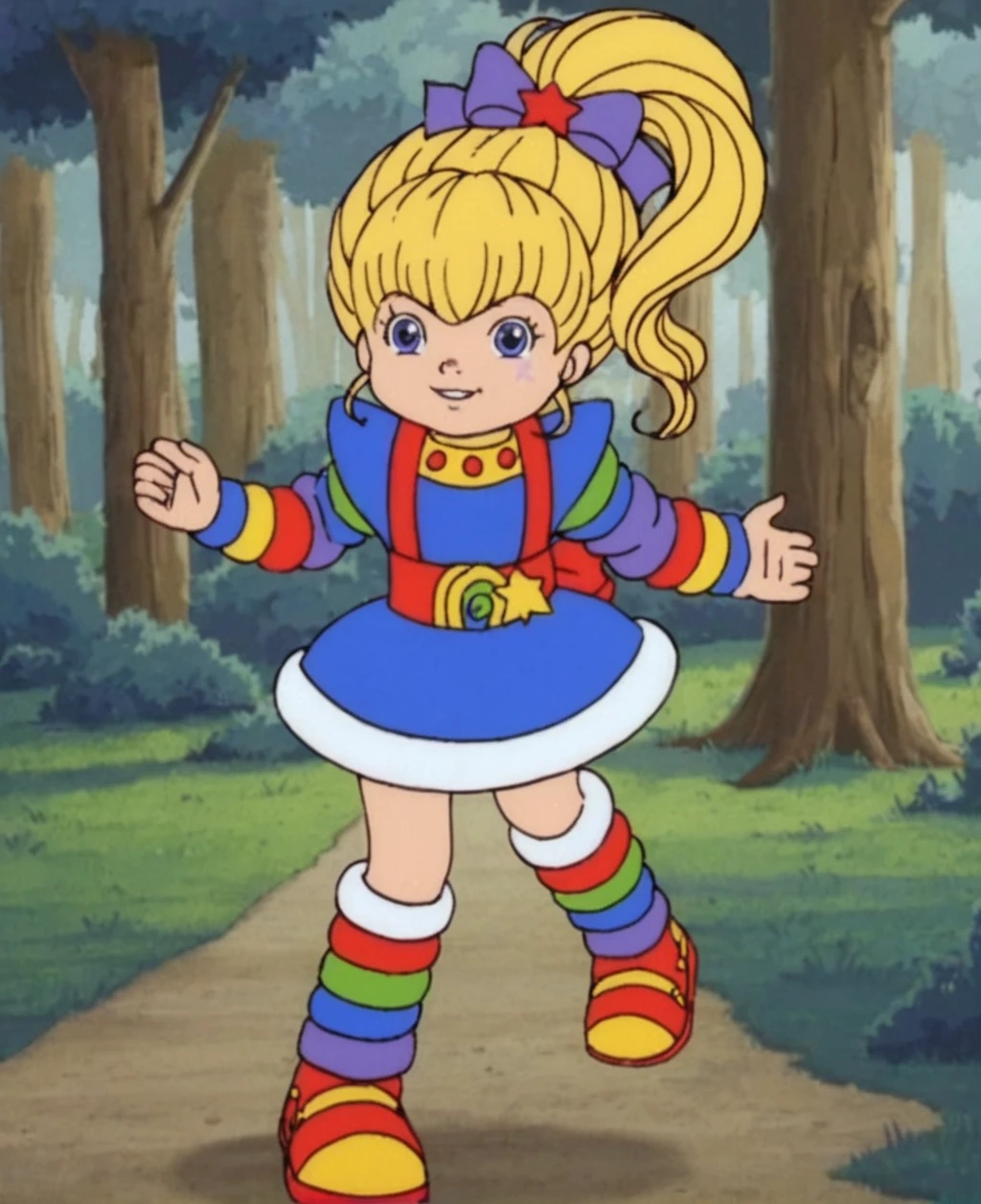 score_9, score_8_up, source_anime, highly detailed, BREAK, rainbow brite, (in a forest) running toward viewer, girl, <lora:Rainbow Brite:0.8>rainbow brite