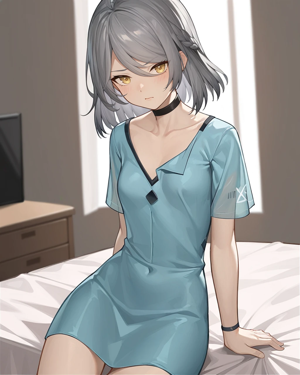 score_9,score_8_up,score_7_up,score_6_up,score_5_up,score_4_up,bedroom,looking at viewer,punching towards viewer,action line,
<lora:ankaxiya_pony:0.75>,ankaxiya,skin01,1girl,solo,shy,yellow eyes,black choker,grey hair,collarbone,braid,short sleeves,bangs,small breasts,dress,