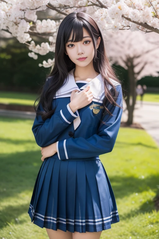 ltra-detailed,highly detailed,best quality,masterpiece,illustration,realistic,photorealistic,
bangdream, school uniform, 
1girl, solo, cosplay, 
serafuku, sailor collar, plaid skirt, pleated skirt, 
long sleeves, 
long hair, bangs, 
looking at viewer, standing, 
outdoors, blurry background, cherry blossoms, tree, day, shirt, grass, photo background, flower, spring \(season\), 
 <lora:bangdream_yzs_v1_06:0.6>