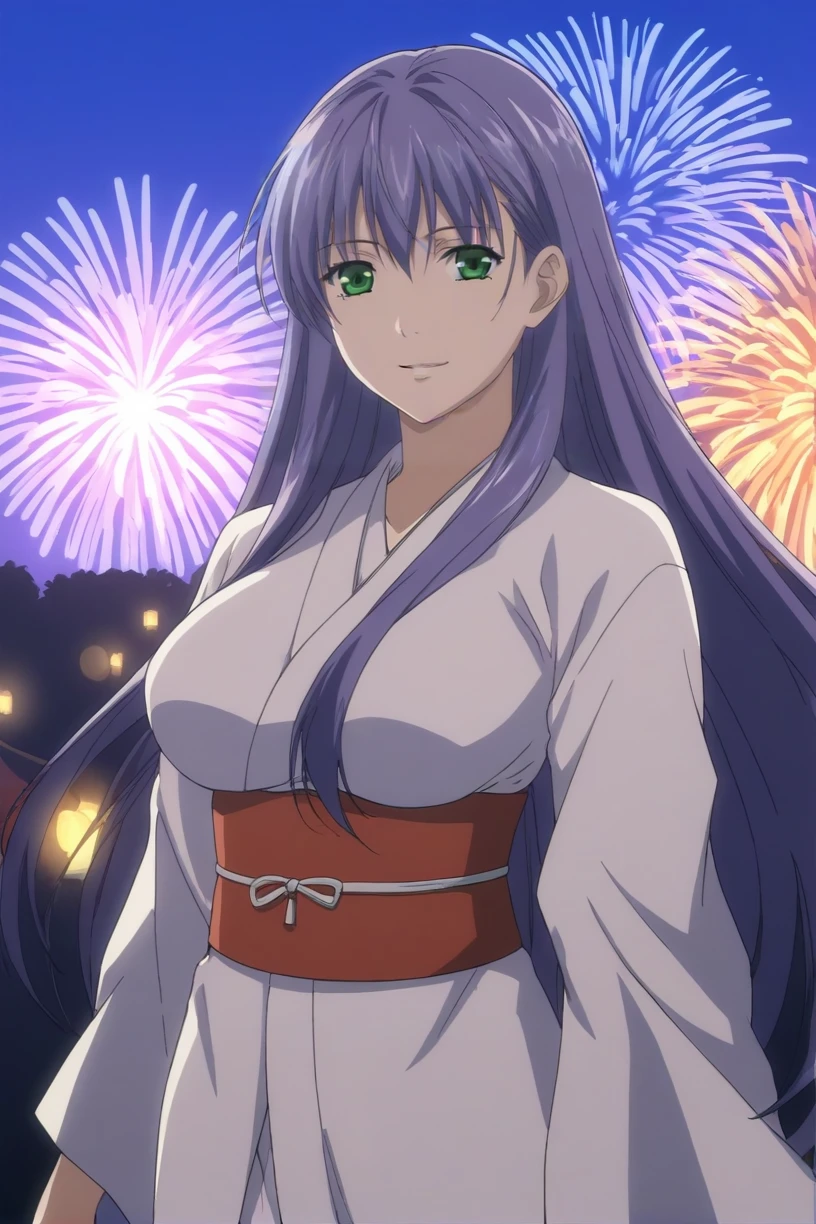 best quality,masterpiece,looking at viewer,absurdres,1girl,score_9,score_8_up,score_7_up,source_anime BREAK sasha,green eyes,purple hair,long hair,large breasts,<lora:033-å¥çç¥è¯LC-è¨æ²XLV2:0.8>,Kimono, fireworks, hairpins,aerial fireworks,festival,japanese clothes,summer festival,