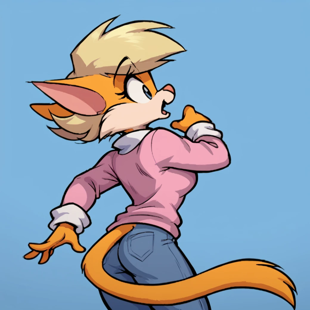 score_9, score_8_up, score_7_up, score_6_up, score_5_up, score_4_up, (Source furry), <lora:clarisse_cat:0.8>, clarissecat, bottomless, 1girl, solo, open mouth, simple background, long sleeves, animal ears, tail, cat tail, blue background, furry, blonde hair, short hair, orange fur, two tone fur, furry female, cat girl