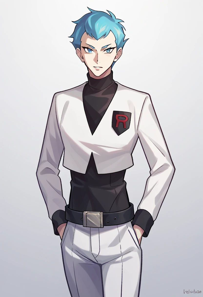 score_9, score_8_up, score_7_up, masterpiece, best quality, amazing quality, best aesthetic, absurdres, intricate details, archer, blue eyes, blue hair, black shirt, white vest, white pants, belt, black shoes, 1boy<lora:EMS-382830-EMS:1.000000>