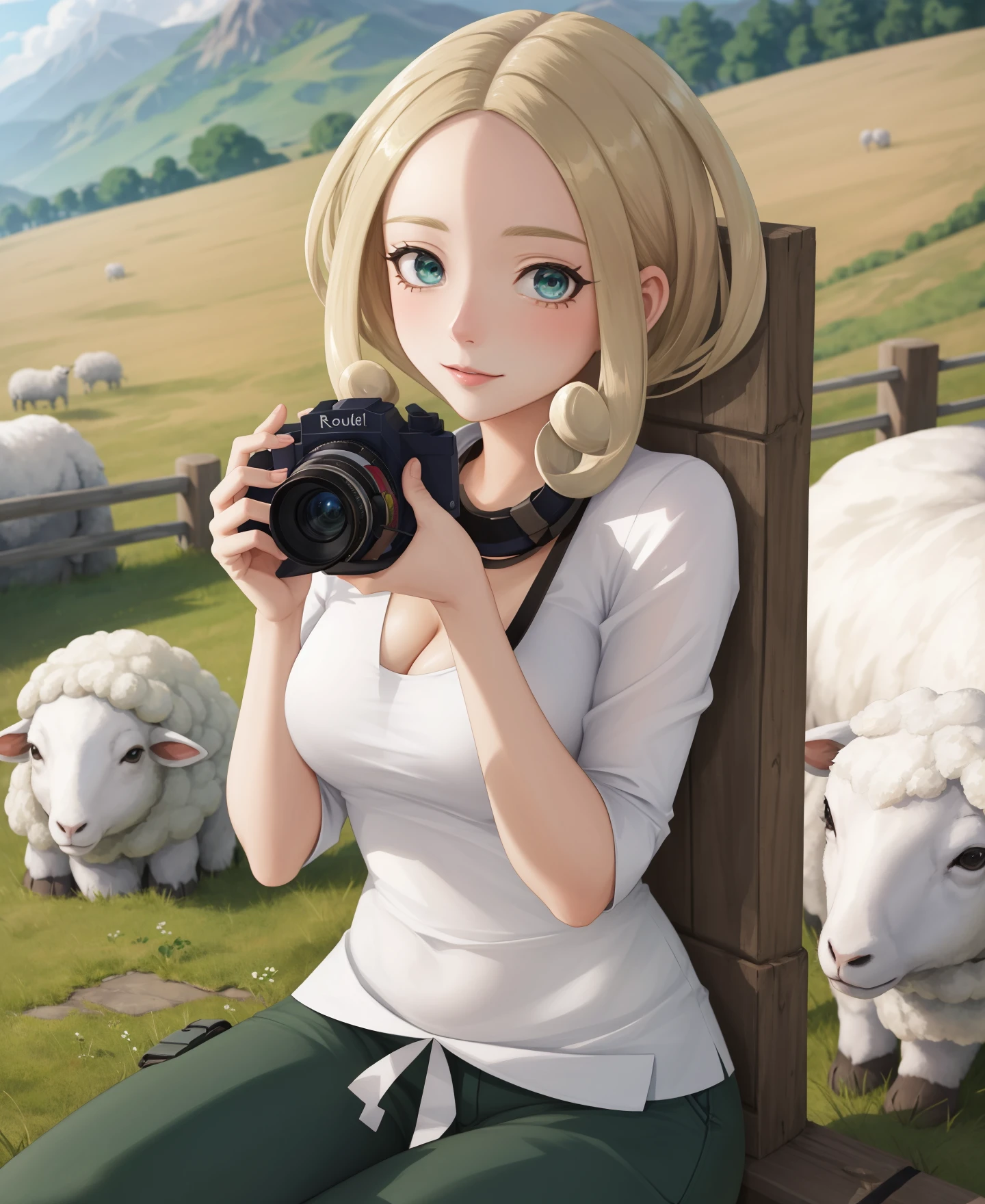 (fine art parody) artstyle,
character, <lora:pokemon_viola:0.7:TT>,(viola \(pokemon\)),white shirt,green pants,small camera,(camera around neck), breasts,
1girl, solo, cleavage,large breasts,(feminine),
A green rolling hills with sheep and a rustic barn, Color Blocking, ambient light background,
<lora:caught:0.4:TT>,(caught), figure four sitting, atmospheric perspective,
((masterpiece, best quality)), high resolution, very detailed, absurdres, highres, detailed lighting, detailed shadows, ((detailed background, intricate detail, scenery)), detailed face, (beautiful eyes),