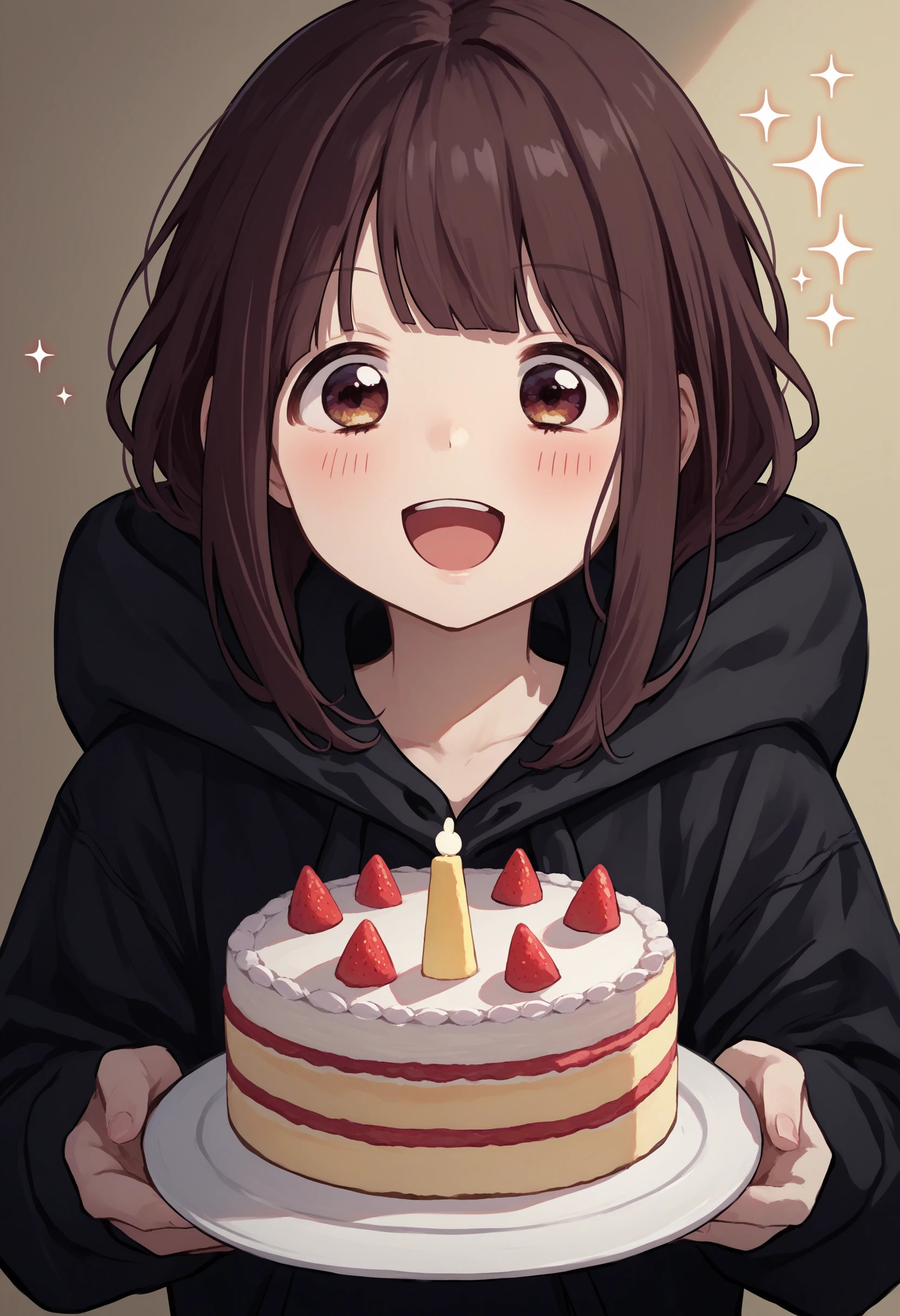 score_9, score_8_up, score_7_up, source_anime, 1girl, nanase kurumi \(menhera-chan\), brown hair, black hoodie, <lora:NanaseKurumi_Menhera-chan_XLPD:1>, upper body, birthday cake, blush, happy, open mouth, sparkle, holding cake, pov,