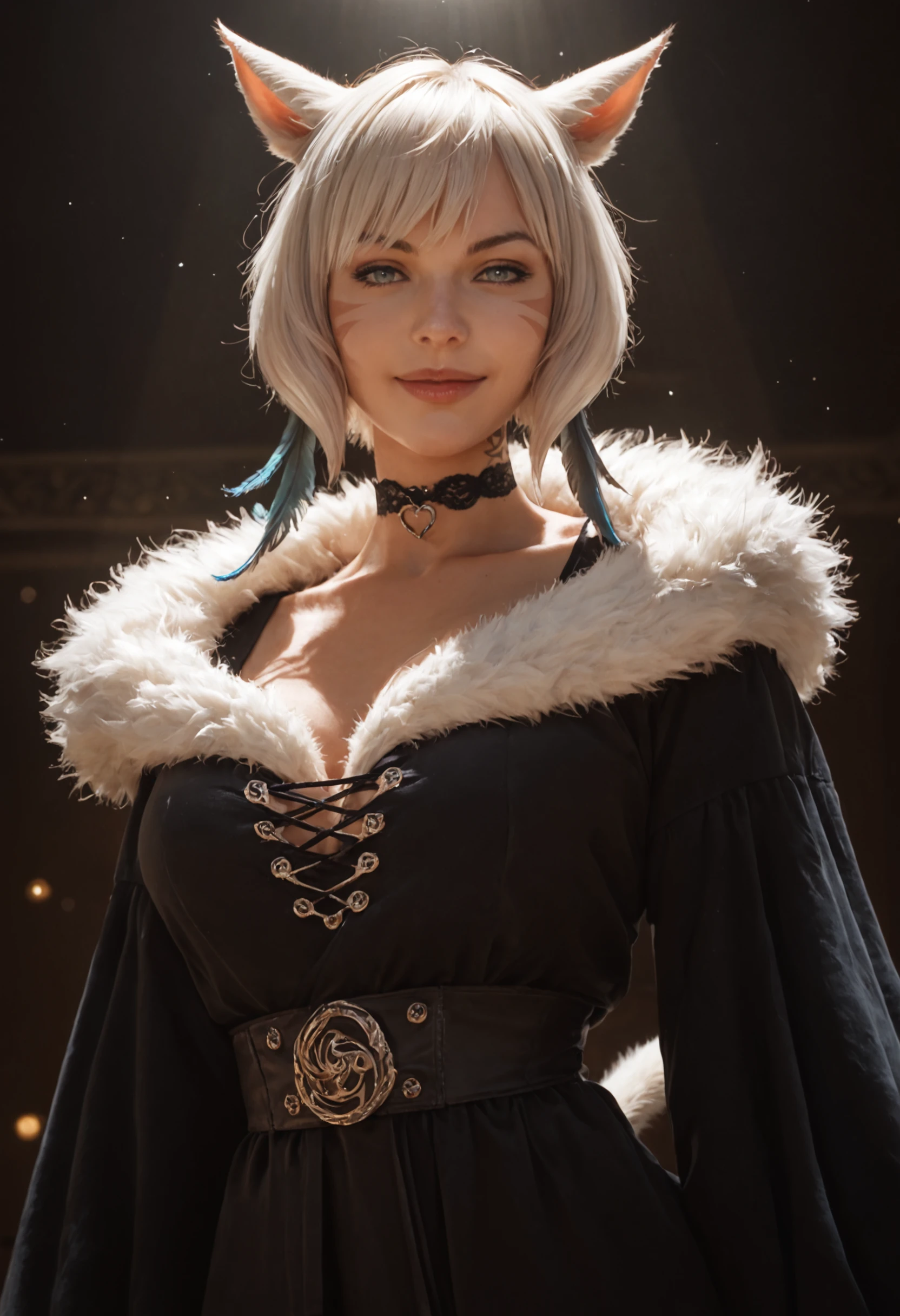 (score_9, score_8_up, score_7_up:1.4),source_explicit,score_9,score_8_up,score_7_up,relaxed pose,realistic,y'shtola rhu,final fantasy xiv,snatched waist,
feather hair ornament,fur trim,choker,feathers,jewelry,neck tattoo,black robe,randomboobguy,from below,light smile,
1girl,(y'shtola rhul:1.2),looking at viewer,white hair,cat ears,short hair,miqo'te,grey eyes,cat tail,<lora:Expressive_H-000001:0.7>,<lora:Yshutola_Pony:0.7>,realistic,high quality,<lora:sinfully_stylish_PONY_0.2:0.3>,zPDXL2,