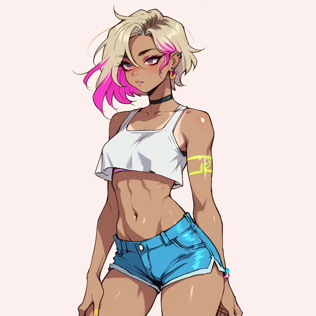 Gyaru girl, tan skin, short hair, messy hair, glossy lips, smile, sharp teeth, large lips, light blue eyes, winking, crop top, abs, jeans, wide hips, furrowed brows,