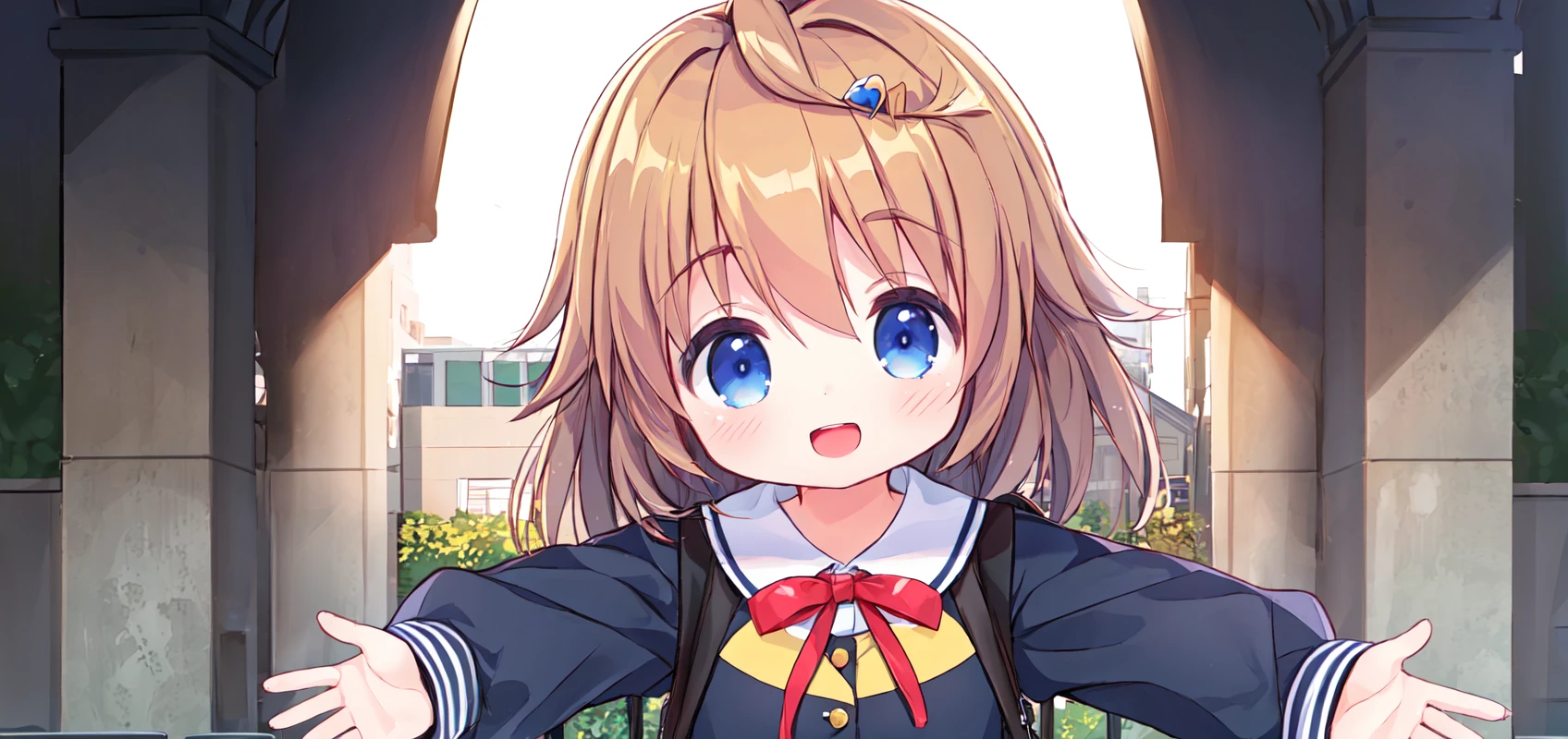 qiandaolizi,1girl,solo,kawaii,
student uniform,bag,blush,
bus stop,in the outdoor,face_focus,front view,looking_at_viewer,
standing,outstretched_arms,<lora:qiandaolizi_v2.0-000014:0.7>,kind_smile,open mouth,head tilt,moody lighting,wide_shot,aiming_at_viewer,carry me,, (masterpiece, best quality,:1.2)