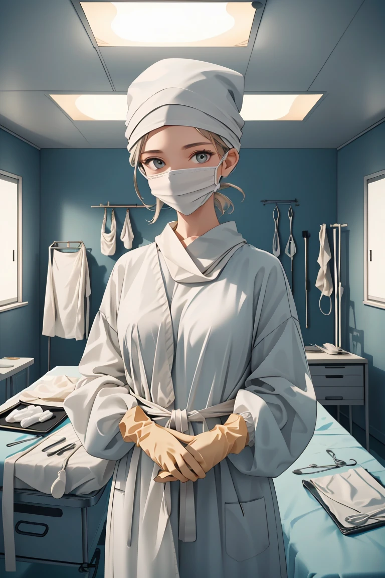 (RAW photo, best quality,facing the viewer,from front), operating room, overhead surgical light,blurred background, focused, dithering,backlighting,
 <lora:Doctor_Surgeon_Homemade_V2.0:0.8> doctor_homemade_surgeon, 1girl, solo, surgical mask, looking at viewer, folded bandana, long sleeves,rubber gloves,bedroom,