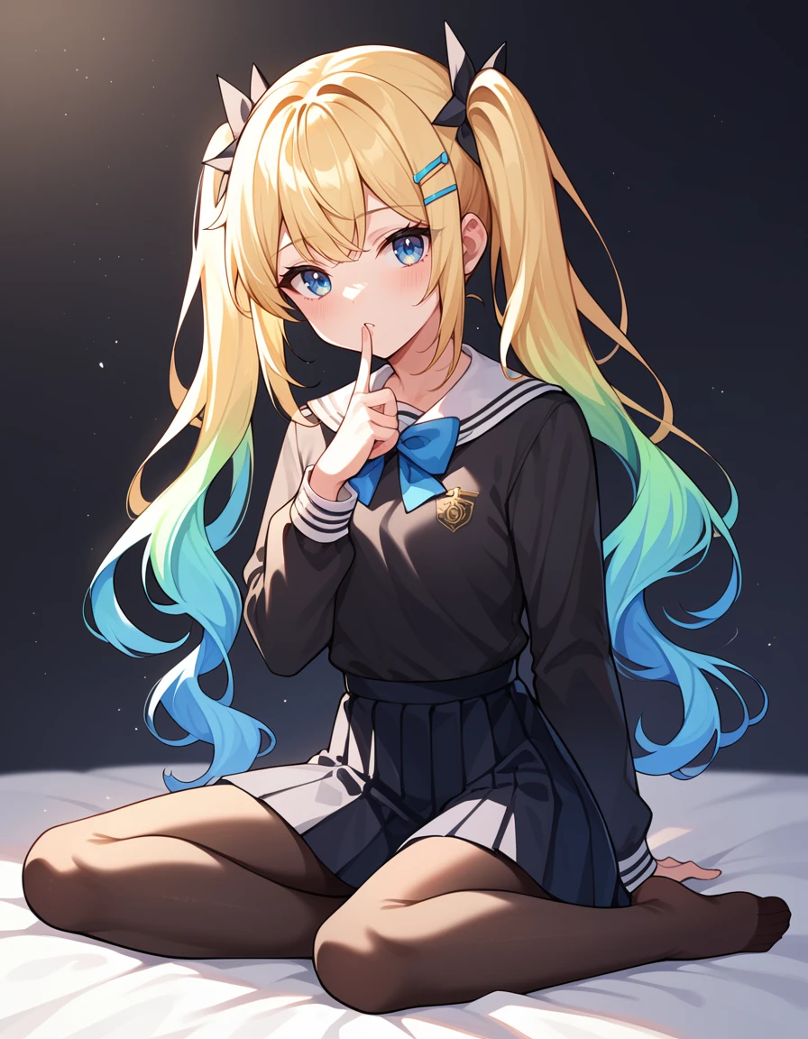 source_anime, ((score_9)),score_8_up,score_7_up,score_6_up,score_5_up,score_4_up,
1girl, solo, long hair, looking at viewer, blush, bangs, black background, hair ornament, blue eyes, 1girl, black background, twintails, blue hair, sitting , full body, gold hair, multicolored hair, gradient hair, pantyhose, no shoes, black skirt, black shirt, black school uniform, multicolored clothes,  best quality, amazing quality, very aesthetic, absurdres
best quality, masterpiece, absurdres