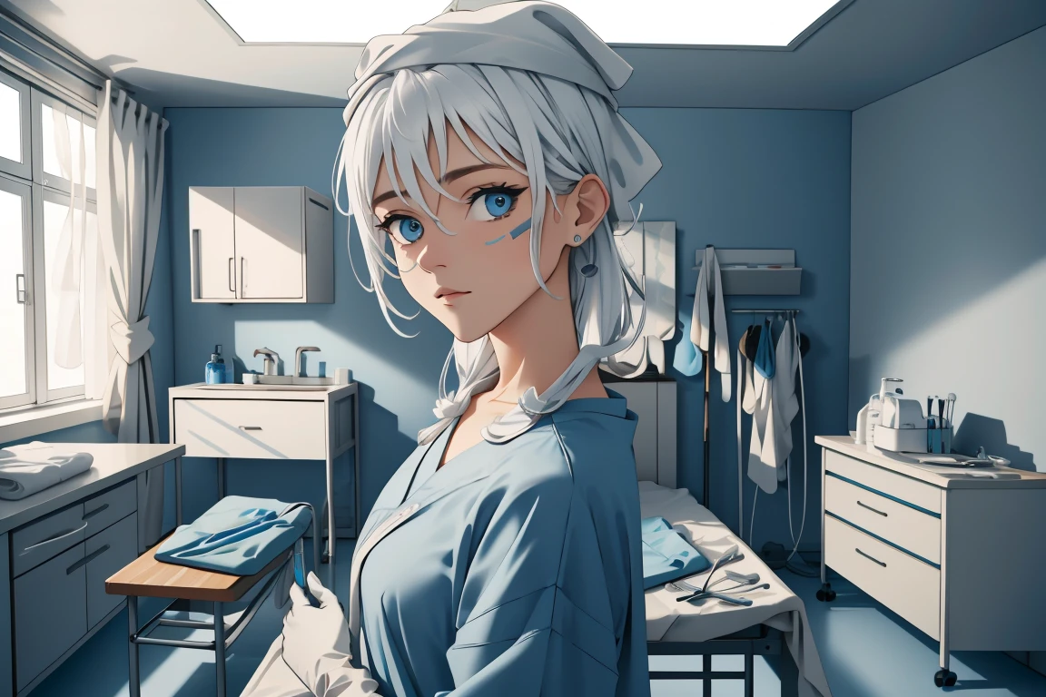 (RAW photo, best quality,facing the viewer,from front), operating room, overhead surgical light,blurred background, focused, dithering,backlighting, 
 <lora:Kidagakash:0.8> 1girl, kidagakash, solo, facial mark,blue eyes, white hair, 
 <lora:Doctor_Surgeon_Homemade_V2.0:0.8> doctor_homemade_surgeon, 1girl, solo, surgical mask, looking at viewer, folded bandana, long sleeves,rubber gloves,bedroom,