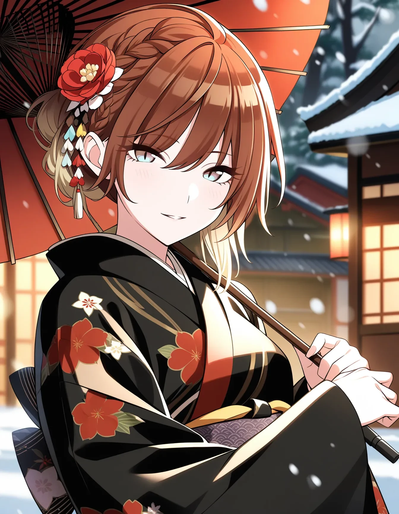 m_aketa, 1girl, solo, smile, blush, multicolored hair, gradient hair, blonde hair, brown hair, short hair, (braid:1.1), gradient eyes
japanese clothes, kimono, black kimono, snowing, holding, hair ornament, oil-paper umbrella, looking at viewer, sash, hair flower, snow, parted lips, holding umbrella, flower, bangs, obi, outdoors, frills, long sleeves, wide sleeves, winter, tree, floral print, blurry, print kimono, red flower, blurry background depth of field, bokeh
masterpiece, best quality, very aesthetic, absurdres
<lora:a31_m_aketaXL:1>