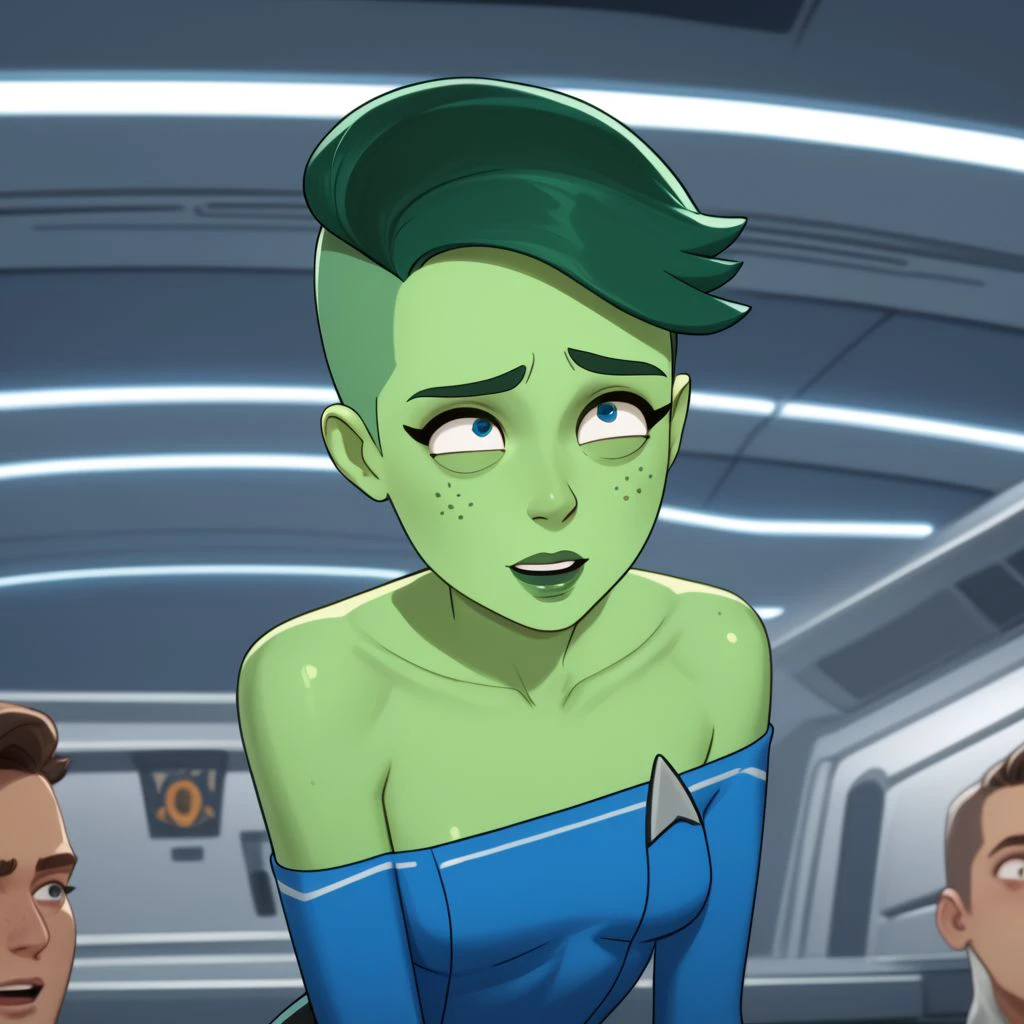 score_9, score_8_up, score_7_up, score_6_up, score_5_up, score_4_up, rating_explicit, 1girl, Tendi, green skin, on a spaceship, excited, green hair, towel, freckled shoulders, freckled chest, small breasts