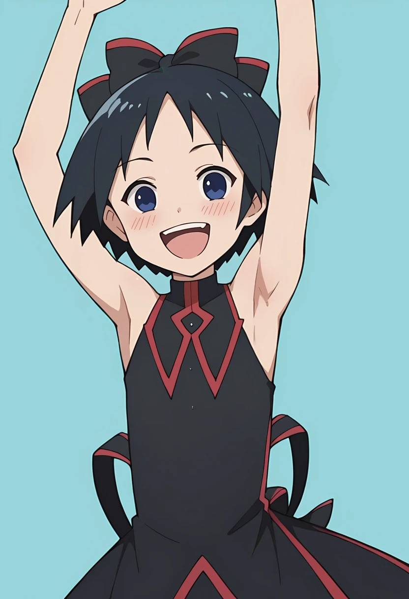 score_9, score_8_up, score_8, source_anime, 1girl, <lora:ChiyokoKurotori:0.85> flat chest, short hair, blue eyes, black hair, bow, hair bow, black dress, ribbon, looking at viewer, blush, laugh, armpit,
light blue background, simple background,