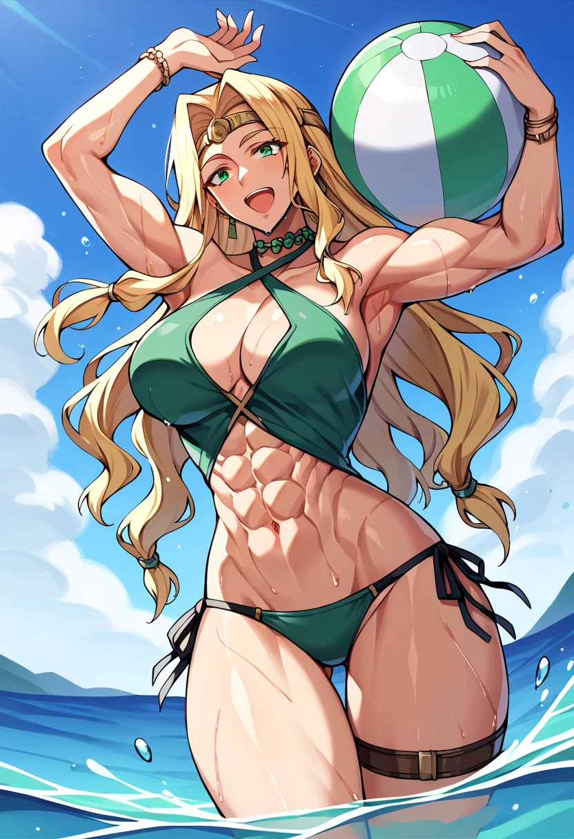 score_9,score_8_up,score_7_up,score_6_up , source_anime, quetzalcoatlRND, chin green gem, 1girl, large breasts, swimsuit, side-tie bikini bottom, blonde hair, stomach, beachball, green eyes, cleavage, wading, navel, thick thighs, arms up, criss-cross halter, jewelry, halterneck, armpits, wet, open mouth, water, collarbone, bracelet, abs, circlet, smile, standing, holding ball, thigh strap, muscular female, <lora:QuetzalcoatlFate-Xl-V7:1>