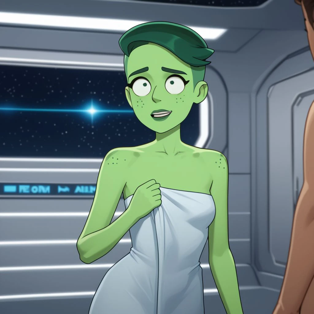 score_9, score_8_up, score_7_up, score_6_up, score_5_up, score_4_up, rating_explicit, 1girl, Tendi, green skin, on a spaceship, excited, green hair, nude, towel, freckled shoulders, freckled chest, small breasts