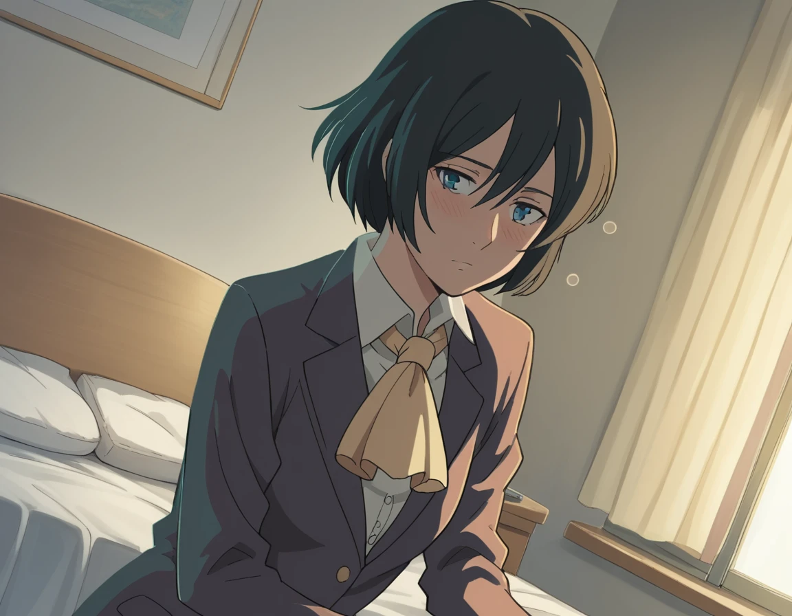 score_9, score_8_up, score_7_up, source_anime,
yukariyukino, <lora:yukari-yukino-movie-ponyxl-lora-nochekaiser:1>,
yukari yukino, short hair, black hair, blue eyes, hair between eyes,
shirt, collared shirt, white shirt, ascot, blazer, peach blazer, skirt,
indoors, bed, bed room, on side, blush, drunk,
cowboy shot, looking at viewer, solo, dutch angle,