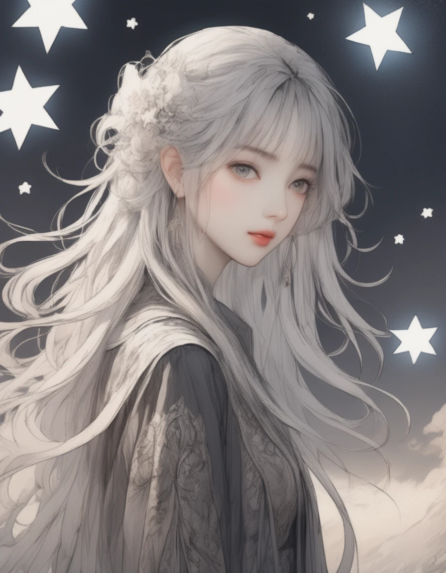 sandgrainy,(masterpiece:1.2),best quality,highres,extremely detailed CG,perfect lighting,8k wallpaper,anime,comic,game CG,Long hair,white.,Stars,stars,  <lora:sandgrainy-xl-v1:0.8>,