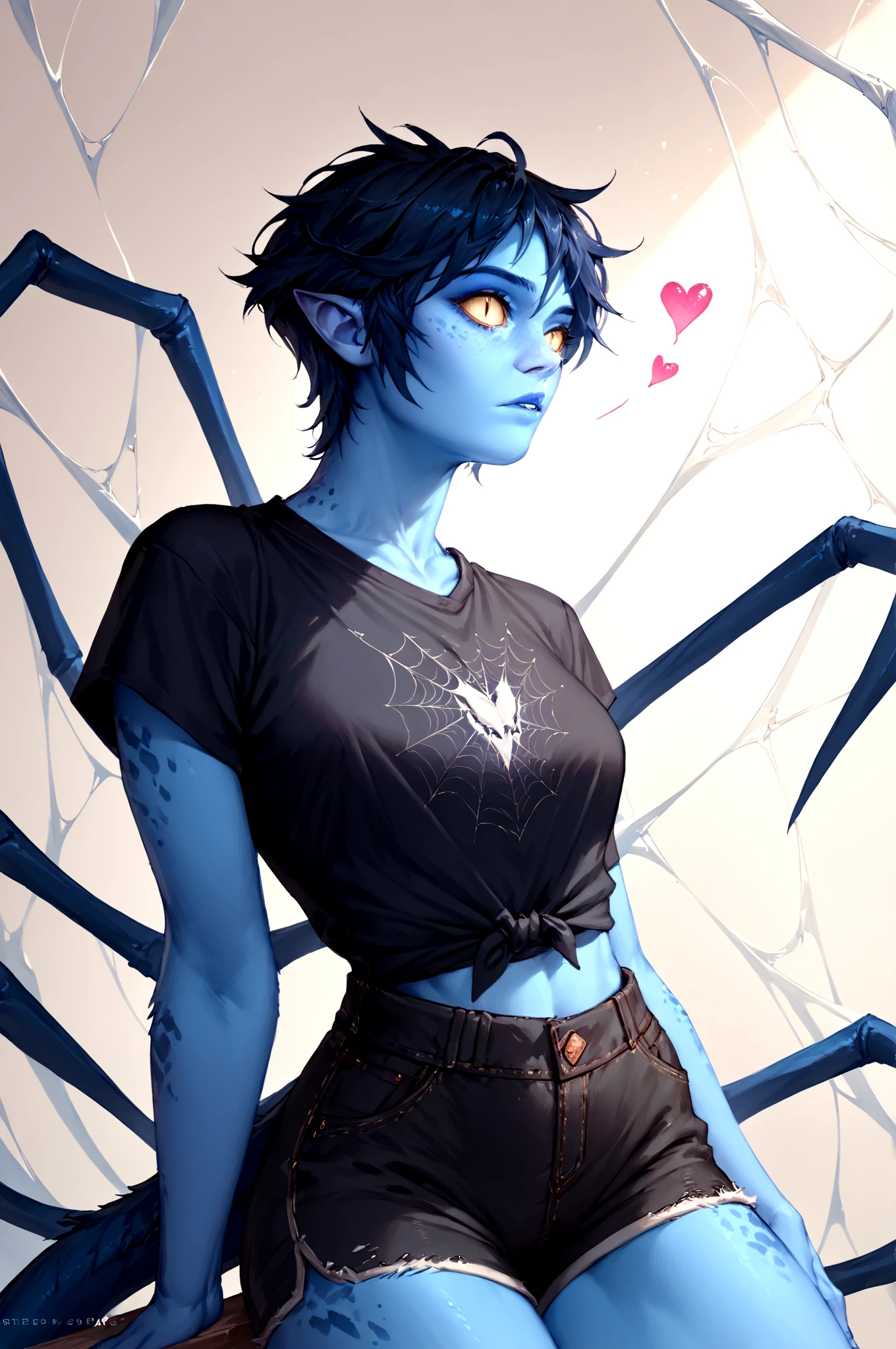 score_9, score_8_up, score_7_up, score_6_up, score_5_up, score_4_up, <lora:Wenduag_epoch_8:0.99> wenduag, blue_skin, short_hair, black_hair, tail, slit_pupils, spider_girl,
heart on shirt, shorts, , (high quality, detailed, beautiful)